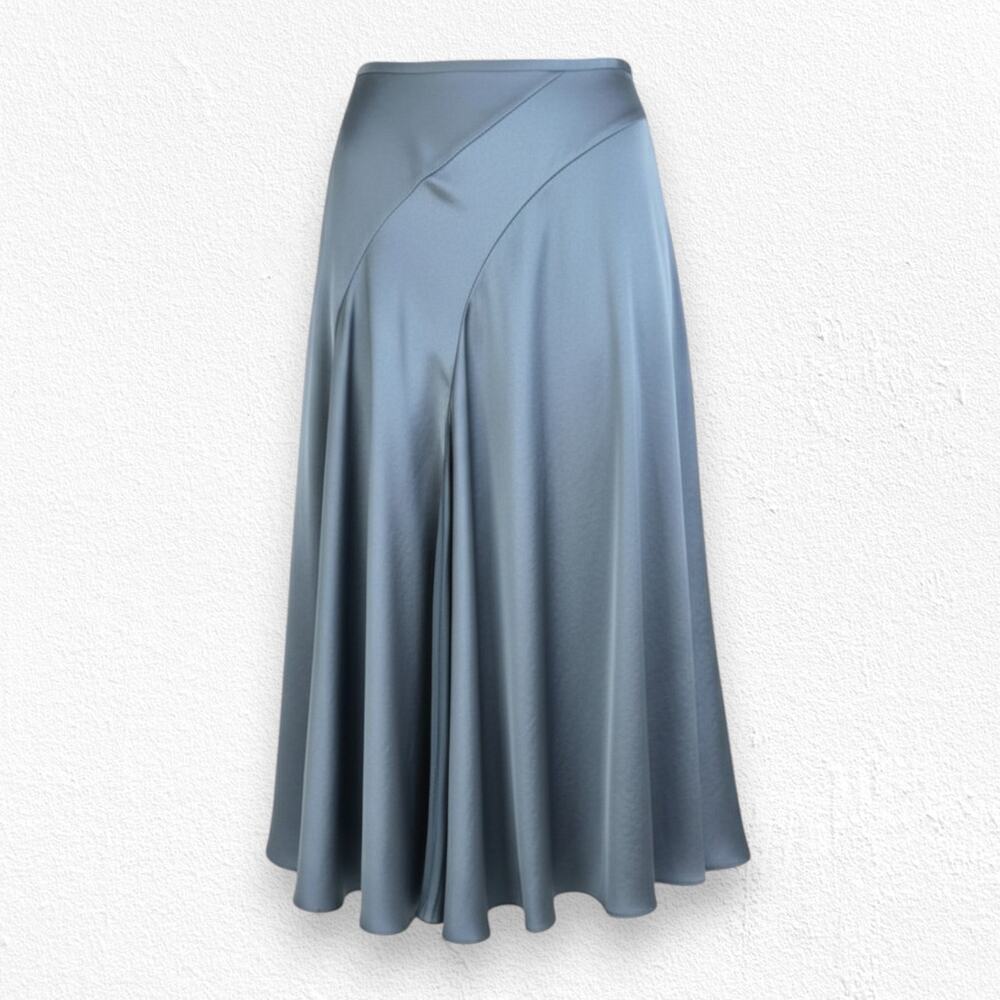 Vince Gray Blue Green Asymmetrical Satin Pleated Modern Luxe Midi Skirt Size 2